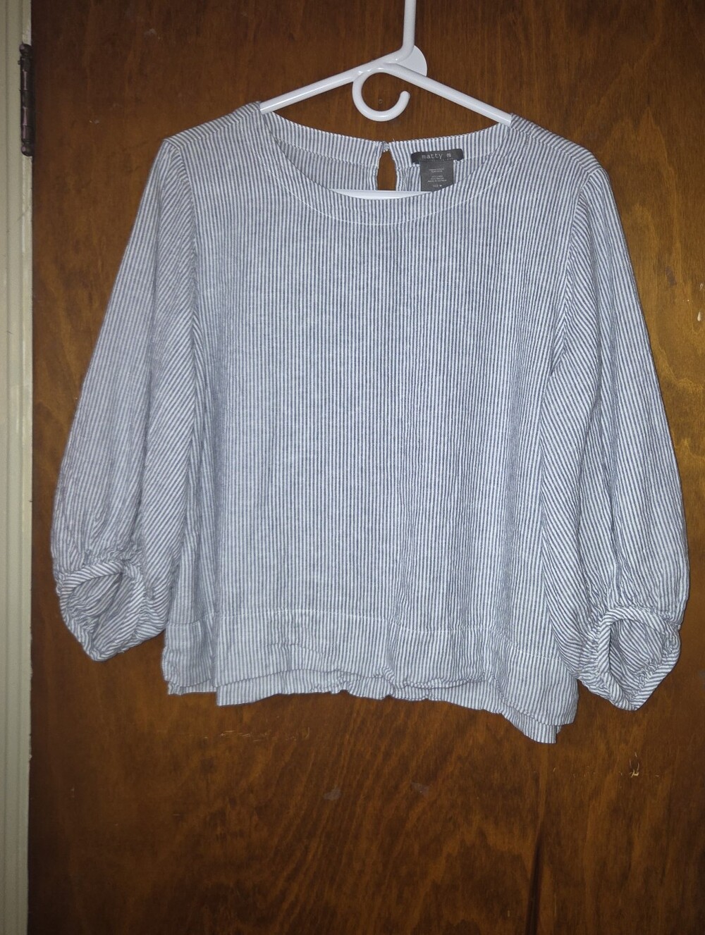 Matty M Blue White Striped Linen Blend 3/4 Puff Sleeve Blouse Medium